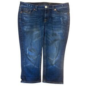 Seven7 Cropped Jeans Size 14 Dark Blue Distressed Embroidered Capris